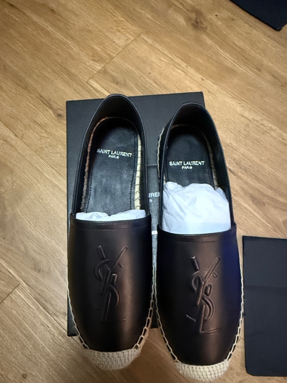 Saint Laurent Black Leather Espadrille Slip-Ons with Natural Raffia Toe - Picture 4 of 4